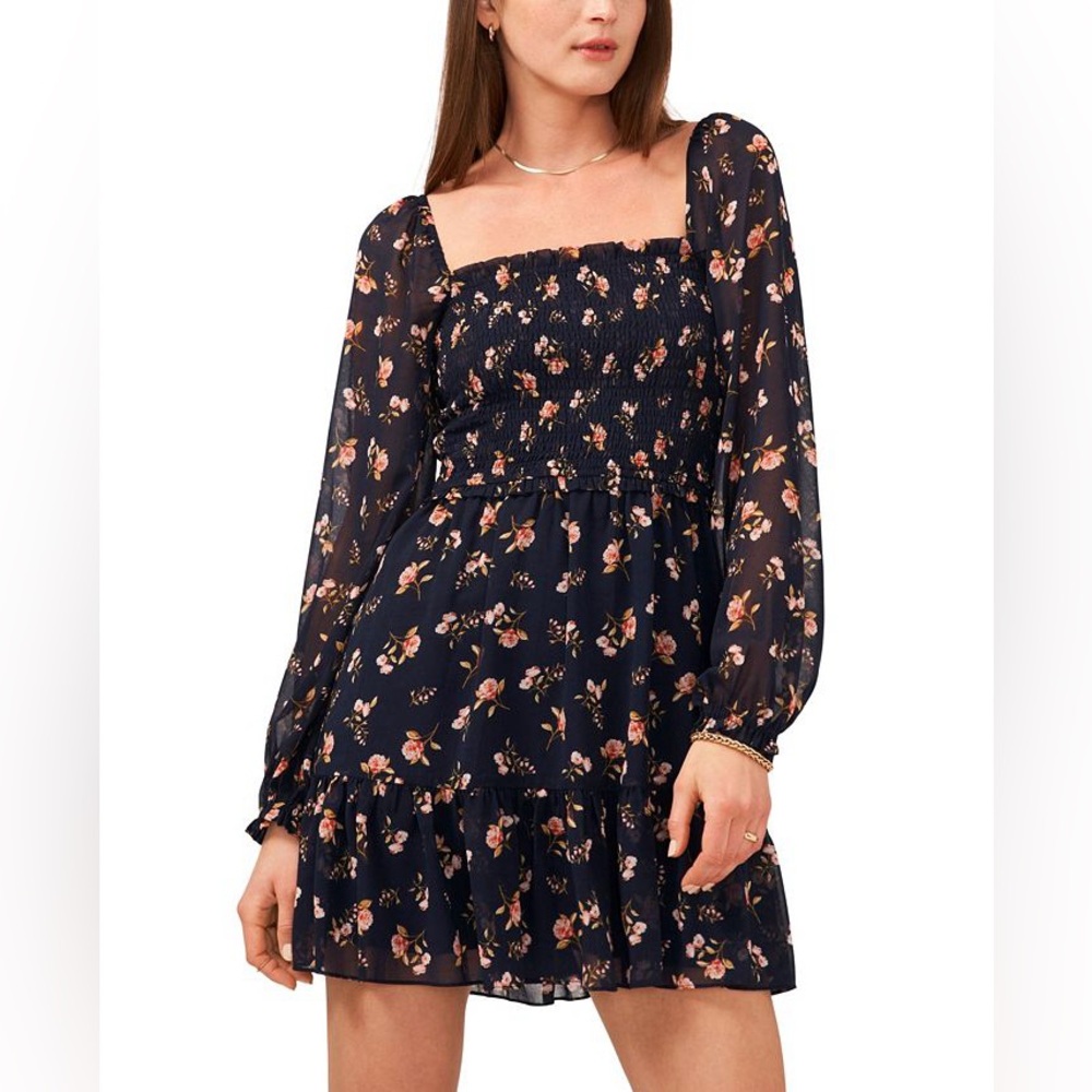 NWOT 1.STATE Women's Printed Smocked Bodice Ruffle Hem Dress in navy/floral - S